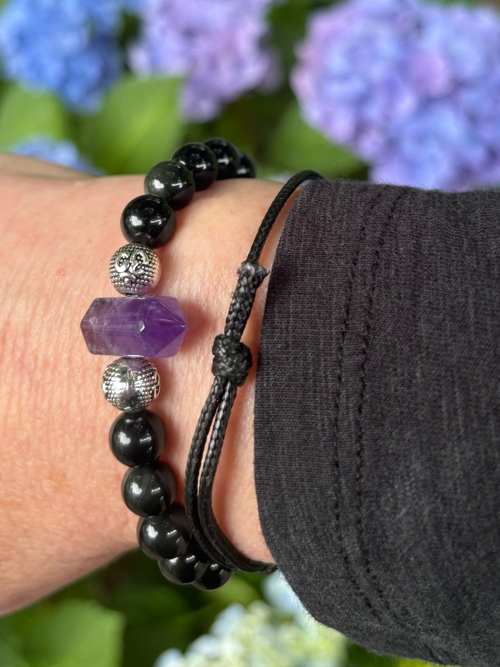 🌸Natural Obsidian & Amethyst Bracelet